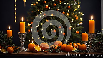 Appetizing fresh tangerines, candles, Christmas tree branch orange food green Stock Photo