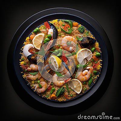 Appetizing fresh tasty paella with seafood isolated on black closeup, national spanish Stock Photo