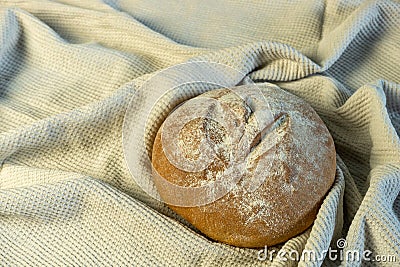 Appetizing freshly baked bread has just been put on the table. Stock Photo