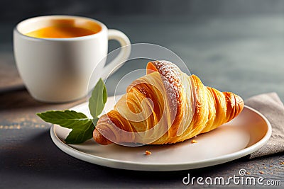 Appetizing freshly baked croissant with flaky buttery texture on white plate with cup of hot coffee. Copy space for text Stock Photo