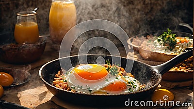 Appetizing fried eggs in a cooking in culinary kitchen healthy breakfast nutrition cholesterol Stock Photo