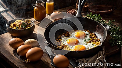 Appetizing fried eggs in a organic pan in the kitchen healthy breakfast nutrition cholesterol Stock Photo