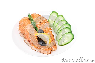 Appetizing Grilled Salmon with sliced cucumber Stock Photo