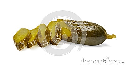 Appetizing half-sliced salted cucumber on white isolated background. Close-up. Stock Photo