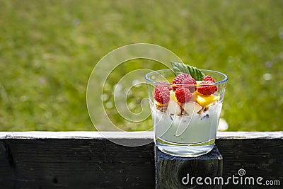 Appetizing healthy fruit yogurt in glass on wooden fence with green meadow Stock Photo