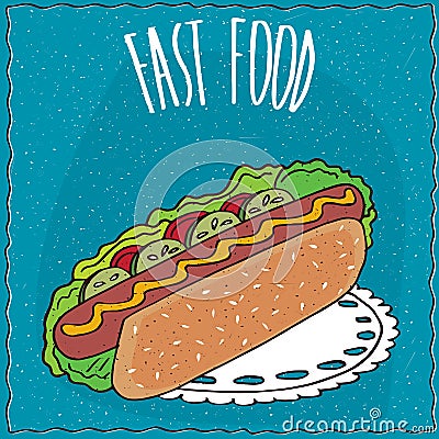 Appetizing hot dog in handmade cartoon style Vector Illustration