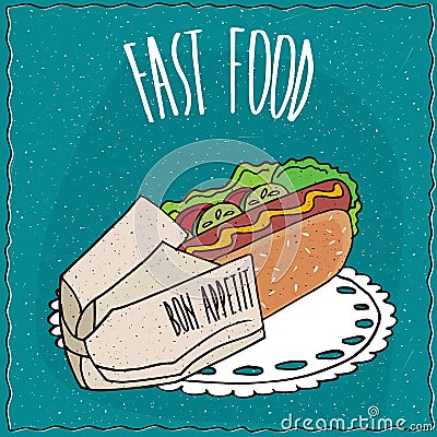 Appetizing hot dog in a paper package Vector Illustration