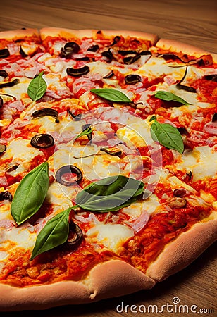 Appetizing hot pizza on a wooden table. Photorealistic illustration. AI generated. Digital art Cartoon Illustration