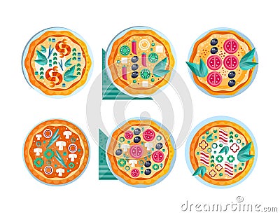 Appetizing Italian Pizza as Round Hot Dough Topped with Different Ingredient Vector Set Vector Illustration