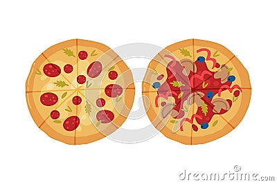 Appetizing Italian Pizza as Round Hot Dough Topped with Wurst and Mushroom Above View Vector Set Vector Illustration