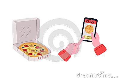 Appetizing Italian Pizza in Cardboard Box and Hand with Smartphone Making Order in Online App Vector Set Vector Illustration