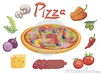 Appetizing Italian pizza and ingredients for its preparation Vector Illustration