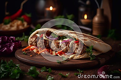 Appetizing kebab in pita bread with vegetables and herbs. Generative AI. Stock Photo