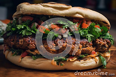 Appetizing kebab in pita bread with vegetables and herbs. Generative AI. Stock Photo