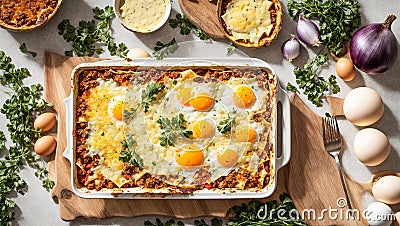 Appetizing lasagna with egg mediterranean rustic meal gastronomy background traditional gourmet Stock Photo