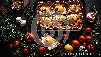 Appetizing lasagna with tomatoes, egg mediterranean rustic an gastronomy background traditional gourmet Stock Photo