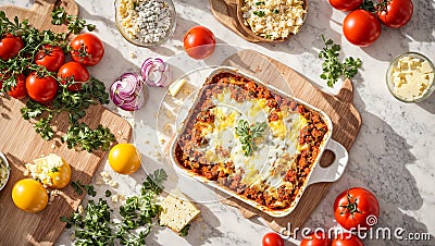 Appetizing lasagna with tomatoes, herbs on an old background traditional gourmet Stock Photo