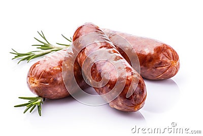 Appetizing meat sausages on a white background. Generative ai Stock Photo