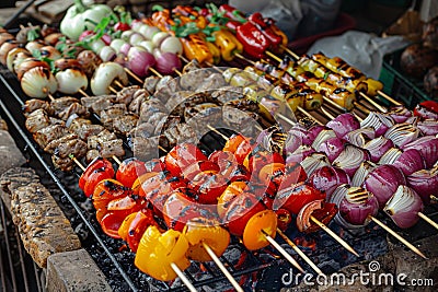 Appetizing meat skewers and vegetable skewers outdoors. Grilled meat Stock Photo