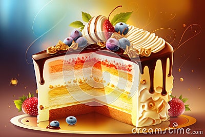 appetizing multi-layer birthday cake on table in spreading cream with decorations Stock Photo