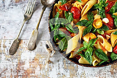 One pan pasta with basil. Vegan pasta. Selective focus. Macro. Stock Photo