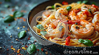 appetizing pasta spaghetti with tomato sauce and shrimps Stock Photo