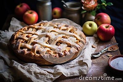 An appetizing pie, with a delightful golden crust and a tantalizing aroma, is placed on a sturdy wooden table., A rustic homemade Stock Photo