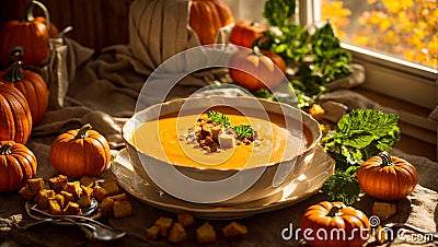Appetizing pumpkin cream soup dieting culinary healthy served vegan hot tasty autumn Stock Photo