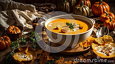 Appetizing pumpkin cream soup gourmet cooking healthy served vegan hot tasty autumn Stock Photo