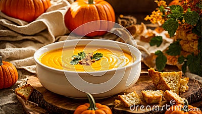Appetizing pumpkin cream soup gourmet fresh healthy served vegan hot tasty autumn Stock Photo