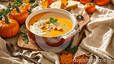 Appetizing pumpkin cream soup the gourmet fresh healthy served vegan hot tasty autumn Stock Photo