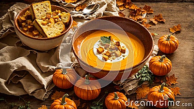 Appetizing pumpkin cream soup the kitchen fresh healthy meal Stock Photo