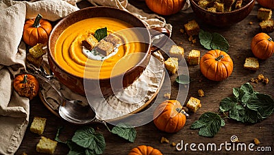 Appetizing pumpkin cream soup the kitchen fresh healthy meal vegan hot tasty autumn Stock Photo