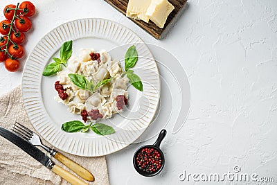 Appetizing ravioli with tomato sauce cheese and basil with basil parmesan and tomatoe on white plate on white background top Stock Photo