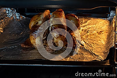 Appetizing roast turkey in the oven Stock Photo