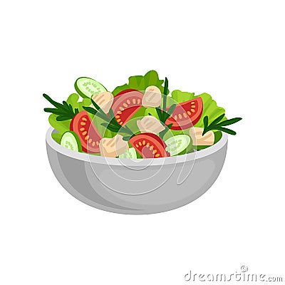 Appetizing salad in big ceramic bowl. Tasty and healthy eating. Delicious meal for dinner. Flat vector design Vector Illustration