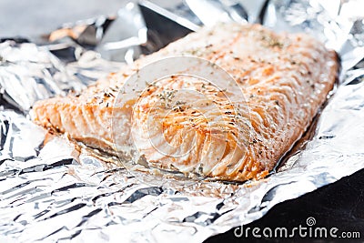 Baked salmon on the foil Stock Photo