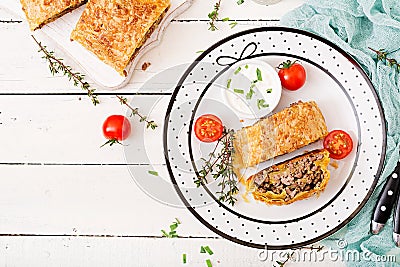 Appetizing strudel with minced beef, onions and herbs Stock Photo
