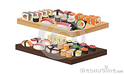 Appetizing Sushi and Maki as Delicious Oriental Food on Wooden Tray Vector Set Vector Illustration