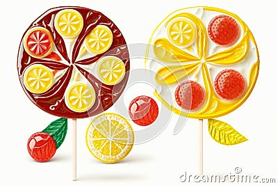 appetizing sweet cherry and lemon handmade lollipops on white background Cartoon Illustration