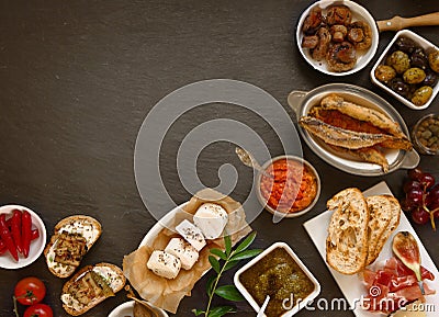 Appetizing Tapas on Table with Copy Space Stock Photo