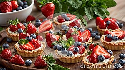 Appetizing tartlets cream, strawberries, blueberries mint sweet Stock Photo