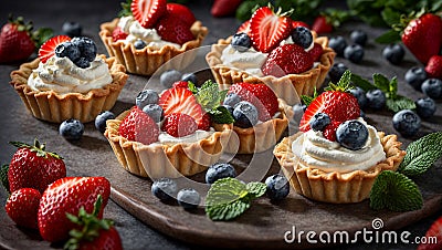 Appetizing tartlets cream, strawberries, blueberries mint sweet fresh Stock Photo