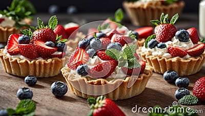 Appetizing tartlets cream, strawberries, blueberries mint sweet fresh dessert Stock Photo