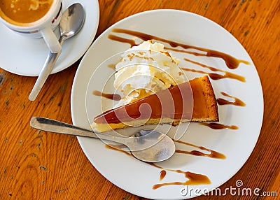 Appetizing tasty Catalan cream pie close up Stock Photo