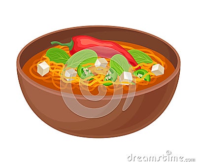 Appetizing Thai Noodle Soup with Hot Pepper and Greenery Served in Ceramic Bowl Side View Vector Illustration Vector Illustration