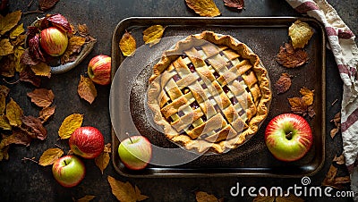 Appetizing traditional apple pie, dessert old culinary , holiday leaves breakfast snack Stock Photo