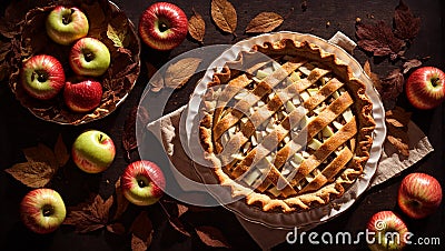 Appetizing traditional apple pie, on old background, autumn leaves breakfast snack Stock Photo