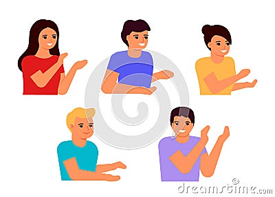 Applause group of happy people man and woman. Hands clap. Congratulations, cheering, thanksgiving, thanks, good, best Vector Illustration