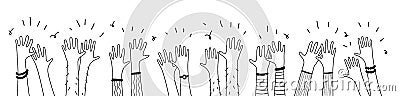 Applause hands set on doodle style. Human hands sketch, scribble arms wave clapping on white background, fun arms Vector Illustration